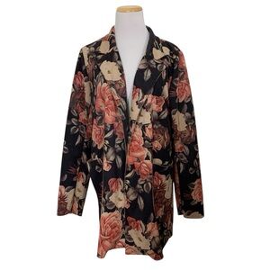 Anthropologie Solitaire Collared Rose Floral Longline Jacket Size L Open Front